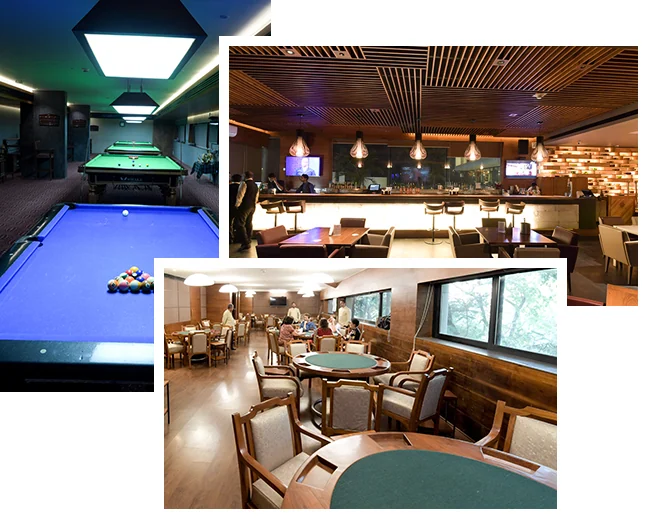 Otters Club cue-sports and lounge areas — photo collage